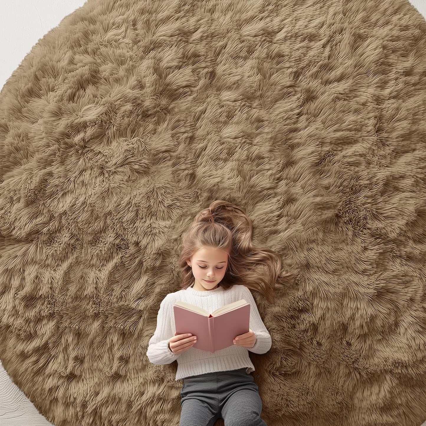 OLANLY Taupe Round Area Rug - Soft, Fluffy, Machine Washable 9 ft Circle Carpet for Bedroom & Living Room