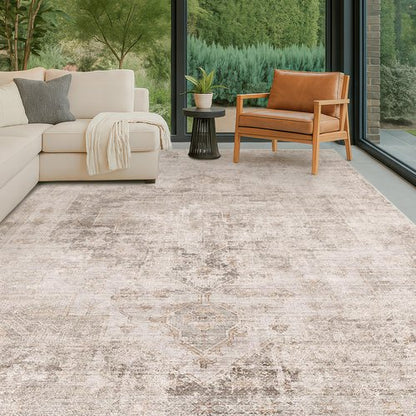 Hazo Haus Washable 5x7 Area Rugs for Living Room, Neutral Beige & Peach Farmhouse Rug for Dining Room & Bedroom, Ultra Soft Low-Pile Non-Slip Stain Resistant