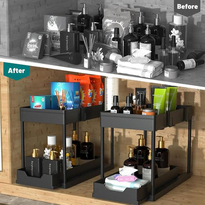 DEKAVA Under Sink Organizer - 2 Pack Bathroom Cabinet Storage Baskets | 2 Tier Sliding Design (Black)