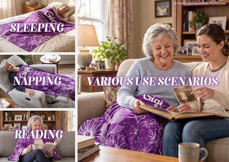 Gigi Gifts Flannel Throw Blanket 50x65 in with Purple Flowers - 300gsm Cozy Gift for Grandma