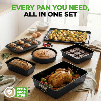 NutriChef 8-Piece Nonstick Bakeware Set - Premium Steel Baking Pans for Cakes, Muffins, Brownies & More - Black