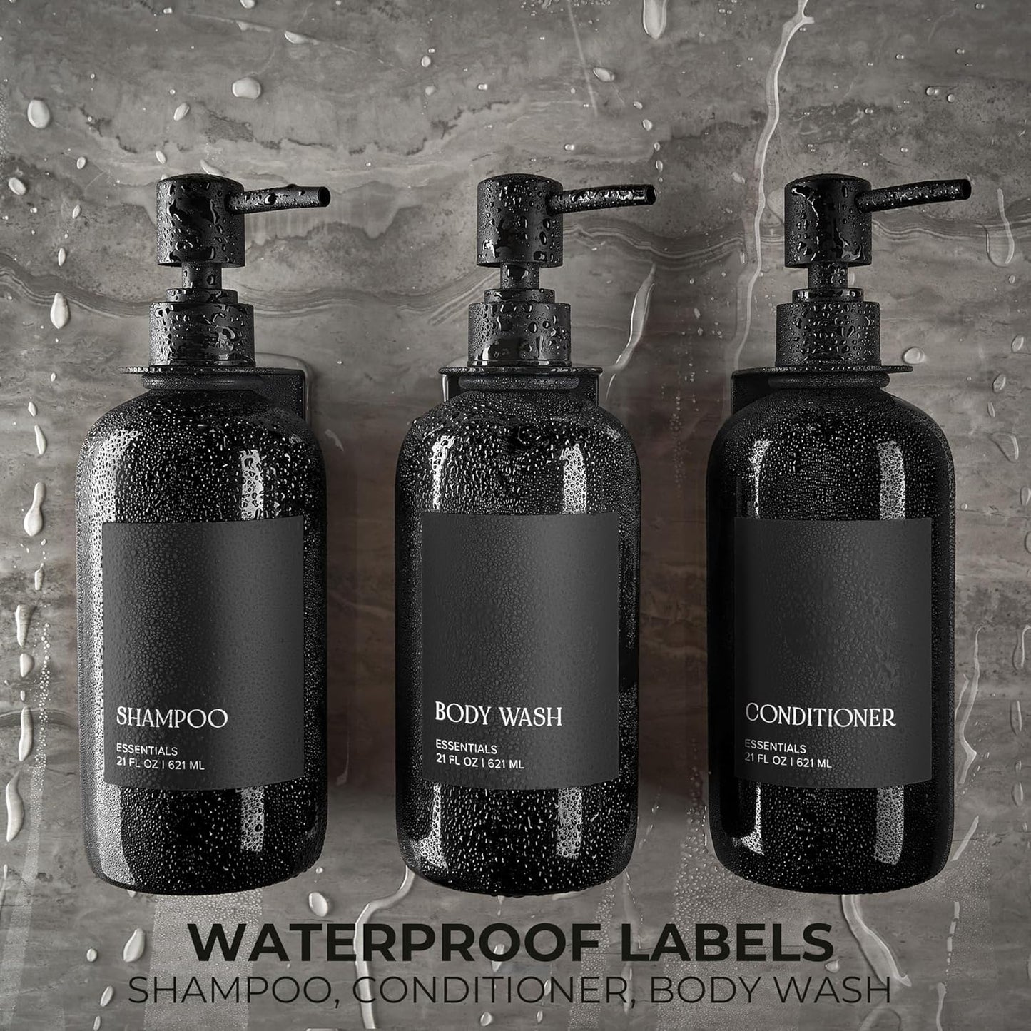 Stylish Shampoo & Conditioner Dispenser Set - Modern Wall-Mount 21oz Soap Bottles with Labels