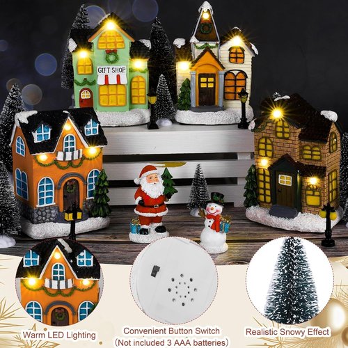 Aneco Christmas Village Set - 19 Resin Houses with Santa, Snowman & LED Lights | Winter Decor