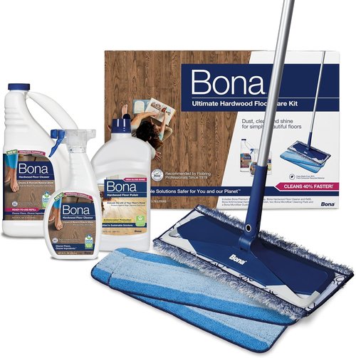 Bona Ultimate Hardwood Floor Care Kit - Pivoting Mop, Cleaning Solution & Microfiber Pads for Polishing