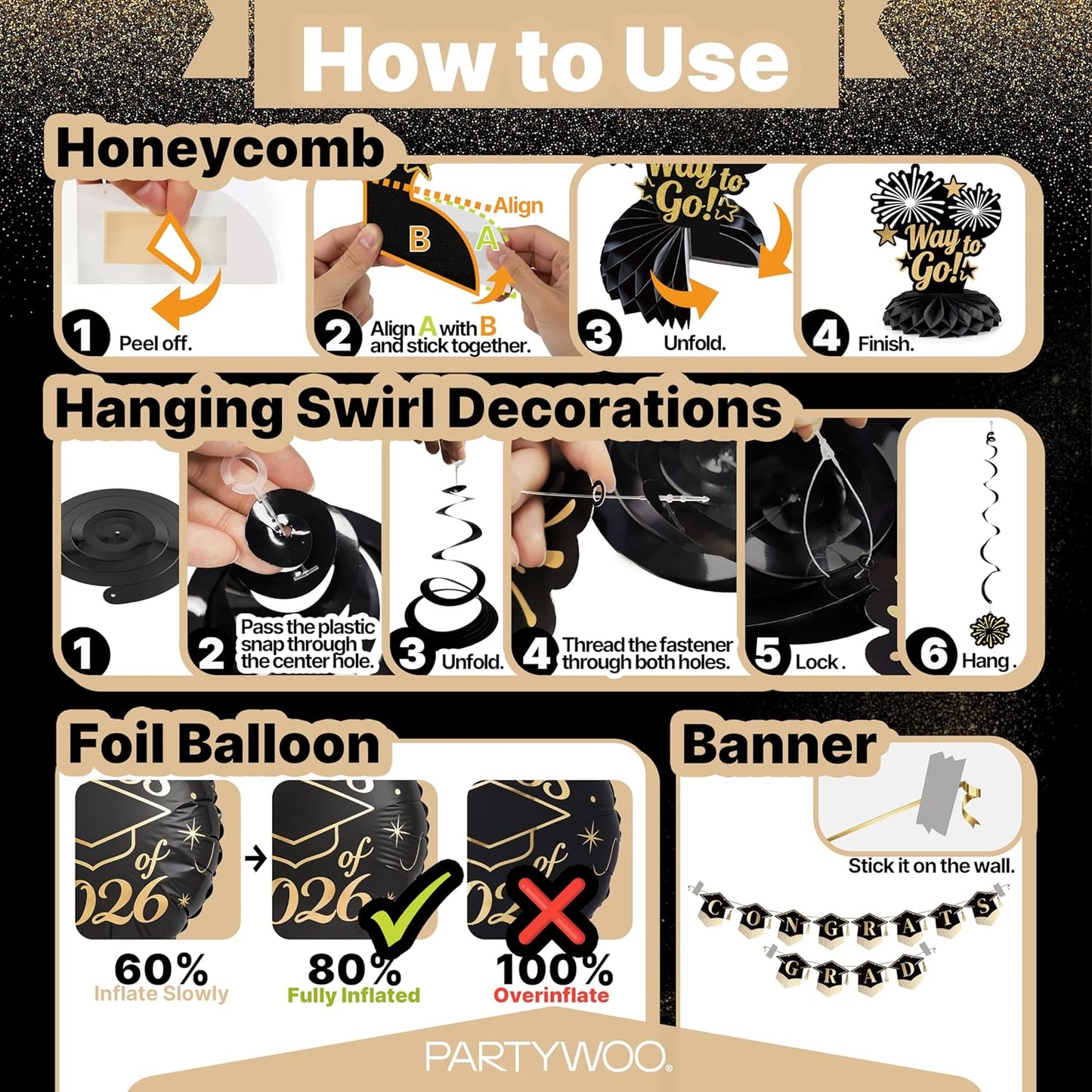 PartyWoo Graduation Decorations - Class of 2026 Black & Gold 19-Piece Set with Banner & Balloons