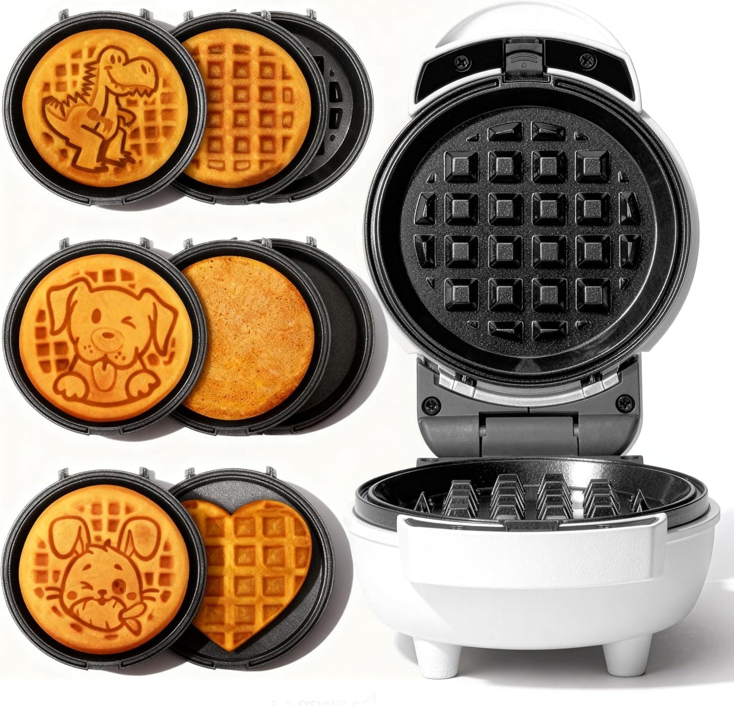 Skiennix 6-in-1 Mini Waffle Maker - Removable Plates & Premium Ceramic Coating, 4.5'' White Waffle Iron