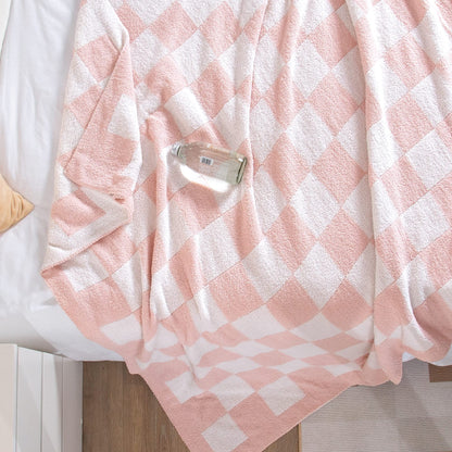 SeaRoomy Checkered Blanket, Ultra Soft Cozy Knit Throw Blanket Queen Size, Warm Fluffy Reversible Lightweight Checkerboard Knitted Blanket for All Seasons Pink Decor(Light Pink, 90"×90")