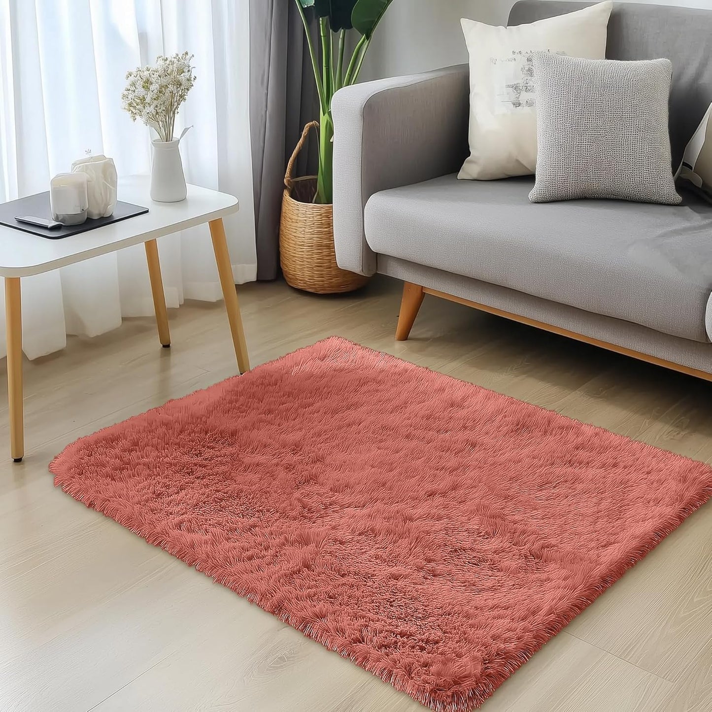 OLANLY Soft Fluffy Shaggy Rug - Machine Washable 3x5 Bedside Carpet for Kids & Nursery | Rust Red
