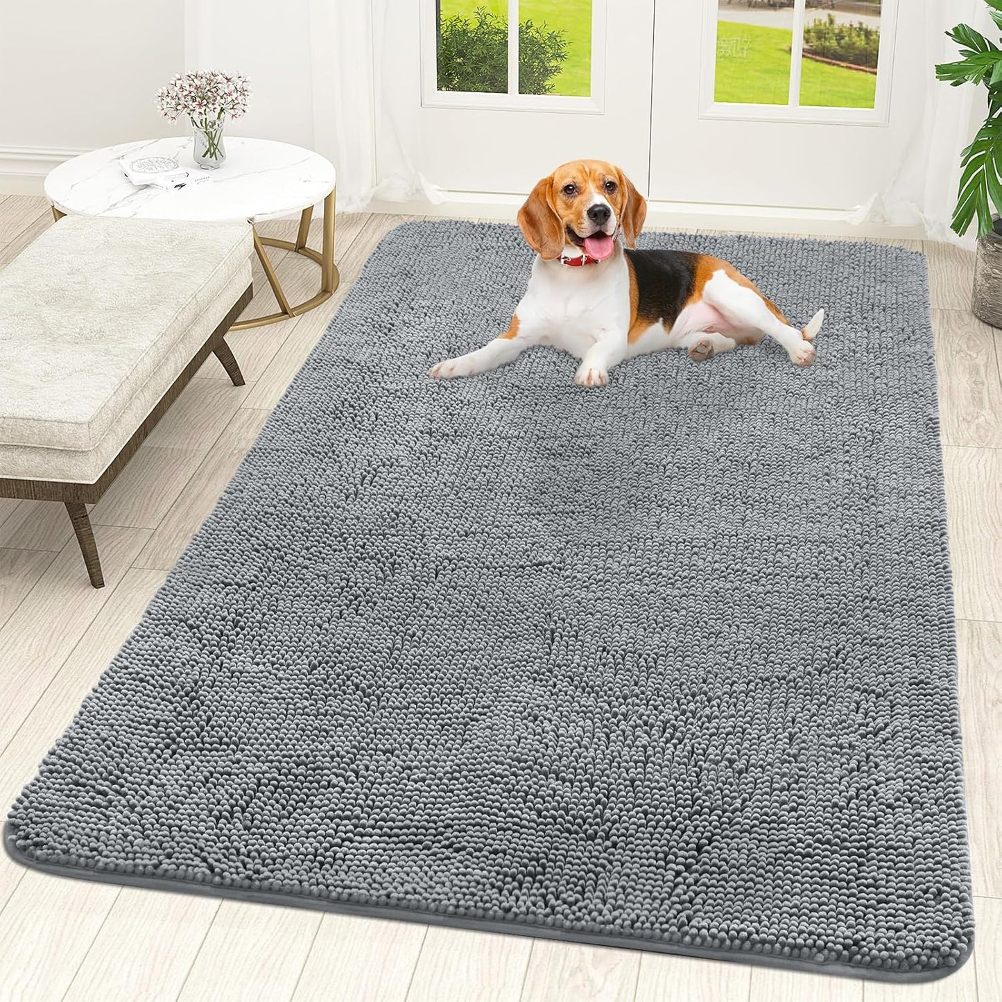 OLANLY Dog Door Mat - Absorbent Non-Slip Chenille Mat for Muddy Paws | 59x35 Grey Indoor Entryway Carpet