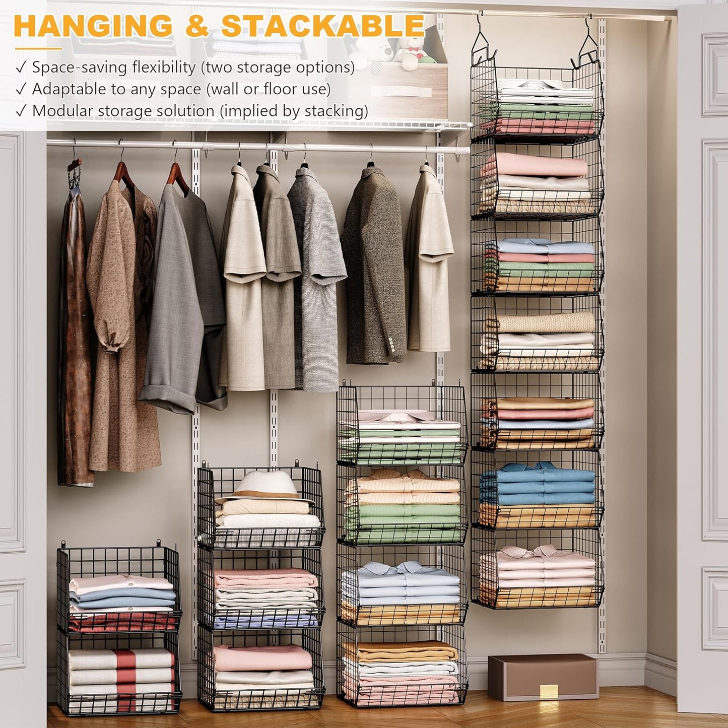 X-cosrack 7-Tier Foldable Hanging Closet Organizer - Wire Shelving with 4 Large Hooks & 5 S Hooks for Clothes & Handbags