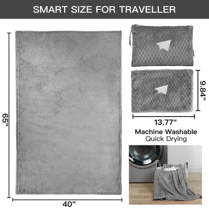 Plush & Plaid 2-Pack Travel Blanket Airplane Compact with Bag, Mid-Weight Soft Throw Blanket Pillow for Long/Short Flight, Portable Packable with Luggage Sleeve and Backpack Clip, 40x65, Gray