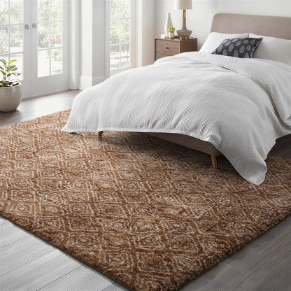Ophanie Brown & White Diamond Striped Area Rug - Fluffy Shag 5x7 for Living Room & Bedroom Decor