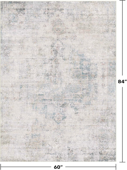 Regine Switzerland Low Pile Office Rugs - 5x7 Abstract Non-Slip Rugs for Living Room & Entryway, Cream Slate Blue