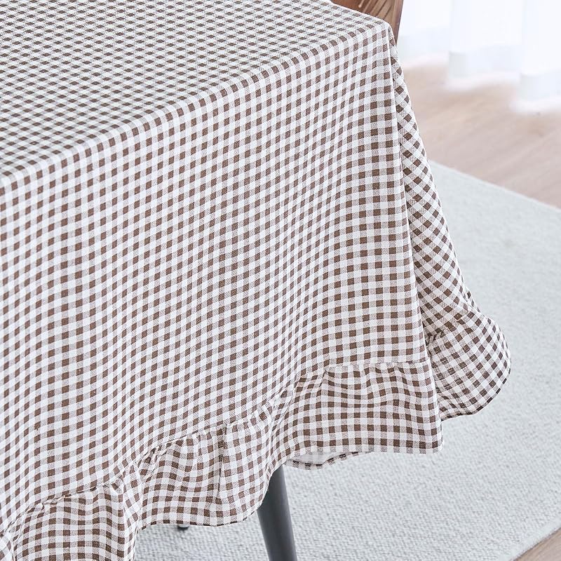 vctops Farmhouse Coffee Plaid Ruffle Tablecloth 55x94 in Cotton Linen, Rectangular