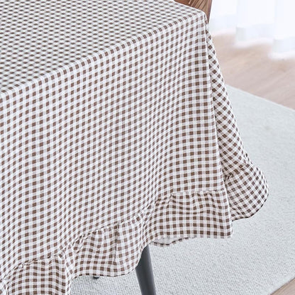vctops Farmhouse Coffee Plaid Ruffle Tablecloth 55x94 in Cotton Linen, Rectangular