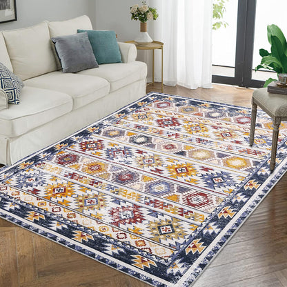 ROYHOME Area Rug 9x12 Large Washable Area Rug Bedroom Living Room Boho Tribal Area Rug Geometric Throw Carpet Indoor Moroccan Floor Cover Modern Bohemian Area Rug for Home Office, Navy/Multi