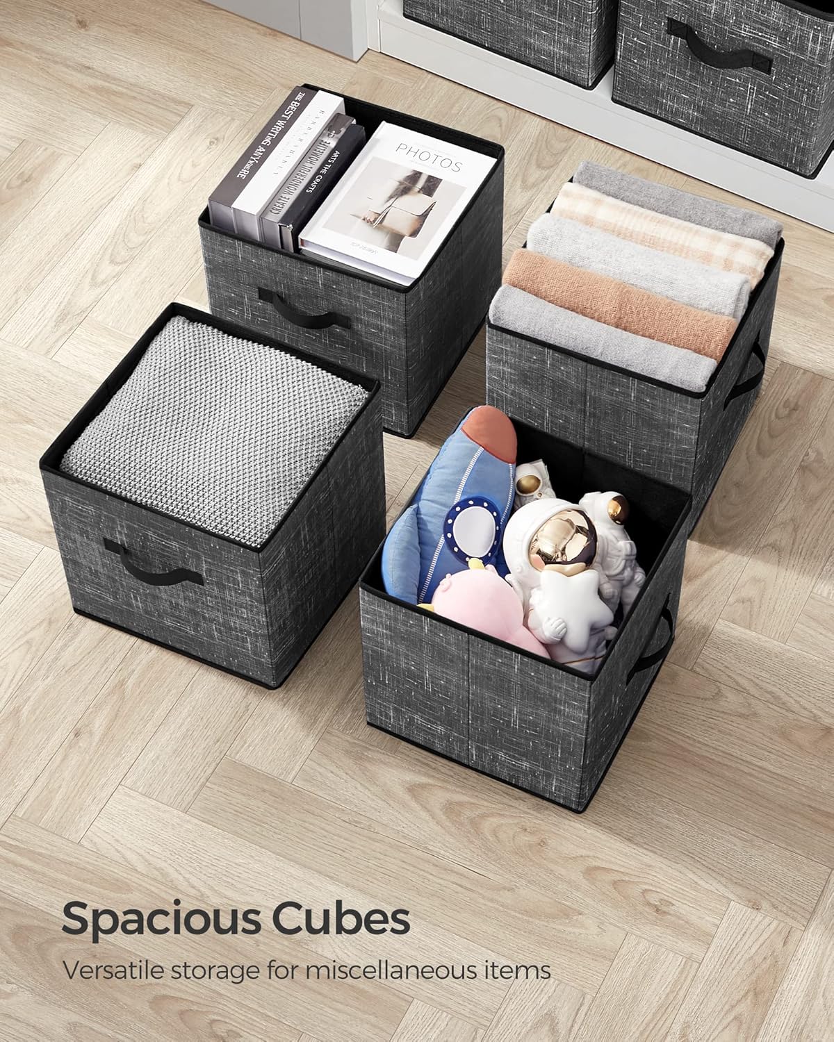 SONGMICS Storage Cubes - 13-Inch Foldable Non-Woven Fabric Bins with Double Handles | Set of 6, Classic Black