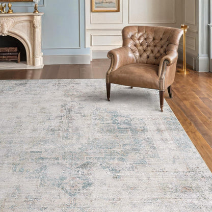 Regine Switzerland Low Pile Office Rugs - 5x7 Abstract Non-Slip Rugs for Living Room & Entryway, Cream Slate Blue