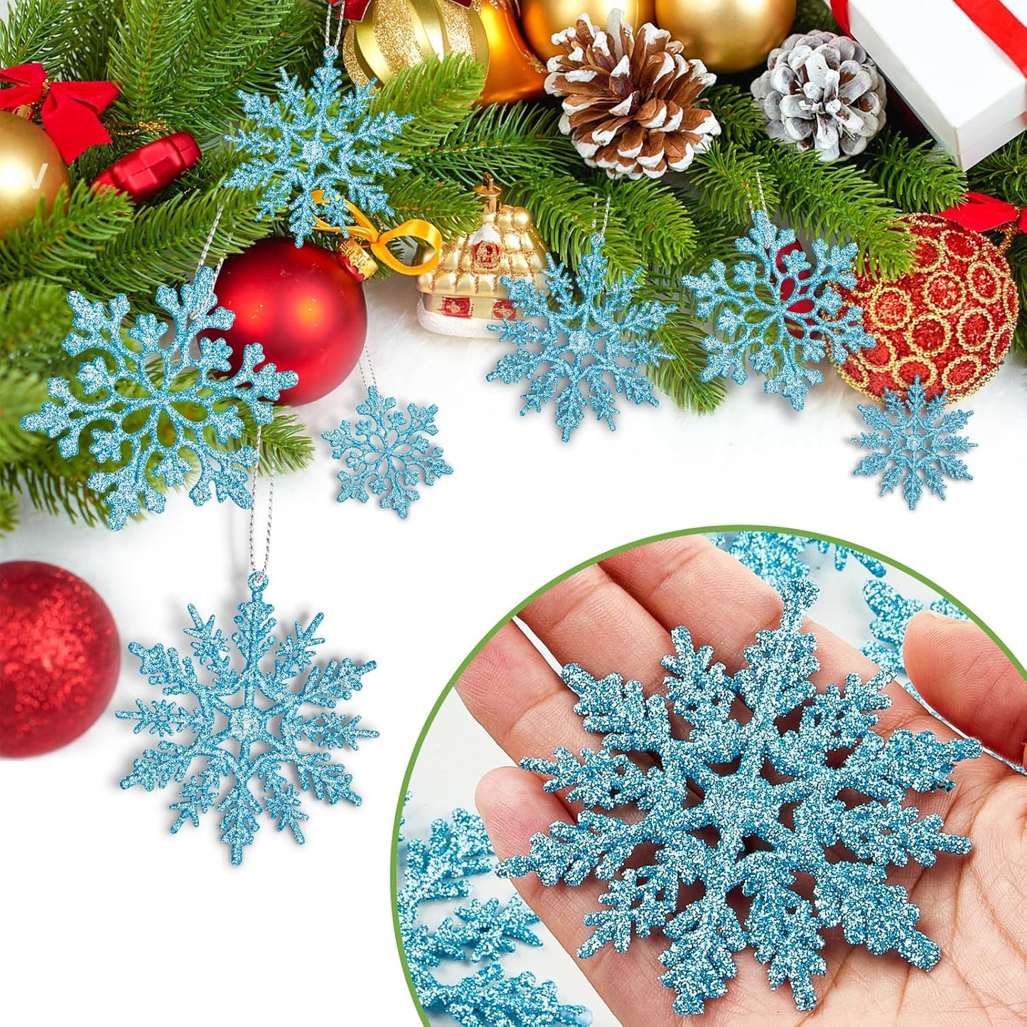 Skiennix 36-Pack Blue Snowflake Ornaments - Glittery Plastic Hanging Decorations for Winter Wonderland Trees