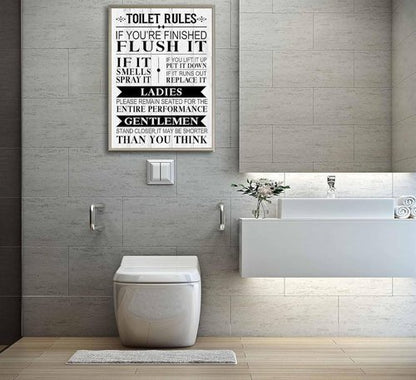 Funny Toilet Rules Canvas Wall Art - Black and White Humor for Eclectic Bathroom Decor