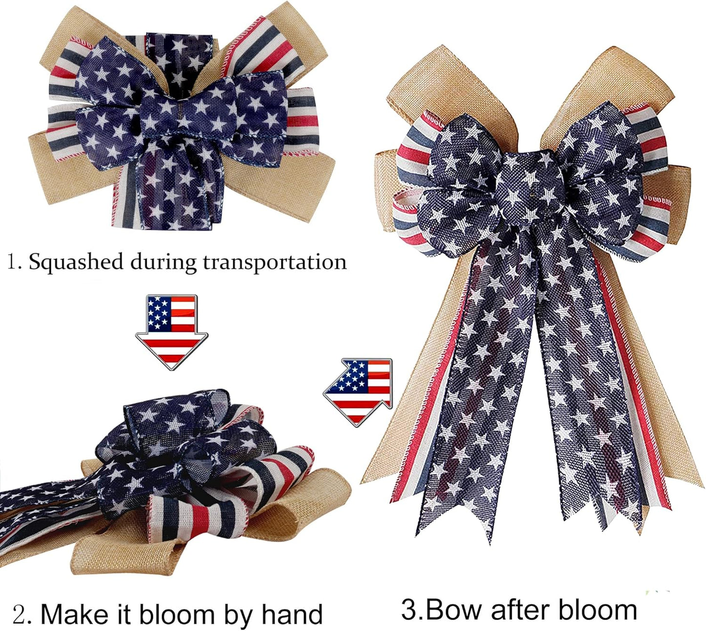Patriotic Decor Bows | Burlap Red, White & Blue Stripe Stars Tree Topper Bow for 4th of July