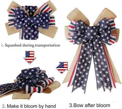 Patriotic Decor Bows | Burlap Red, White & Blue Stripe Stars Tree Topper Bow for 4th of July