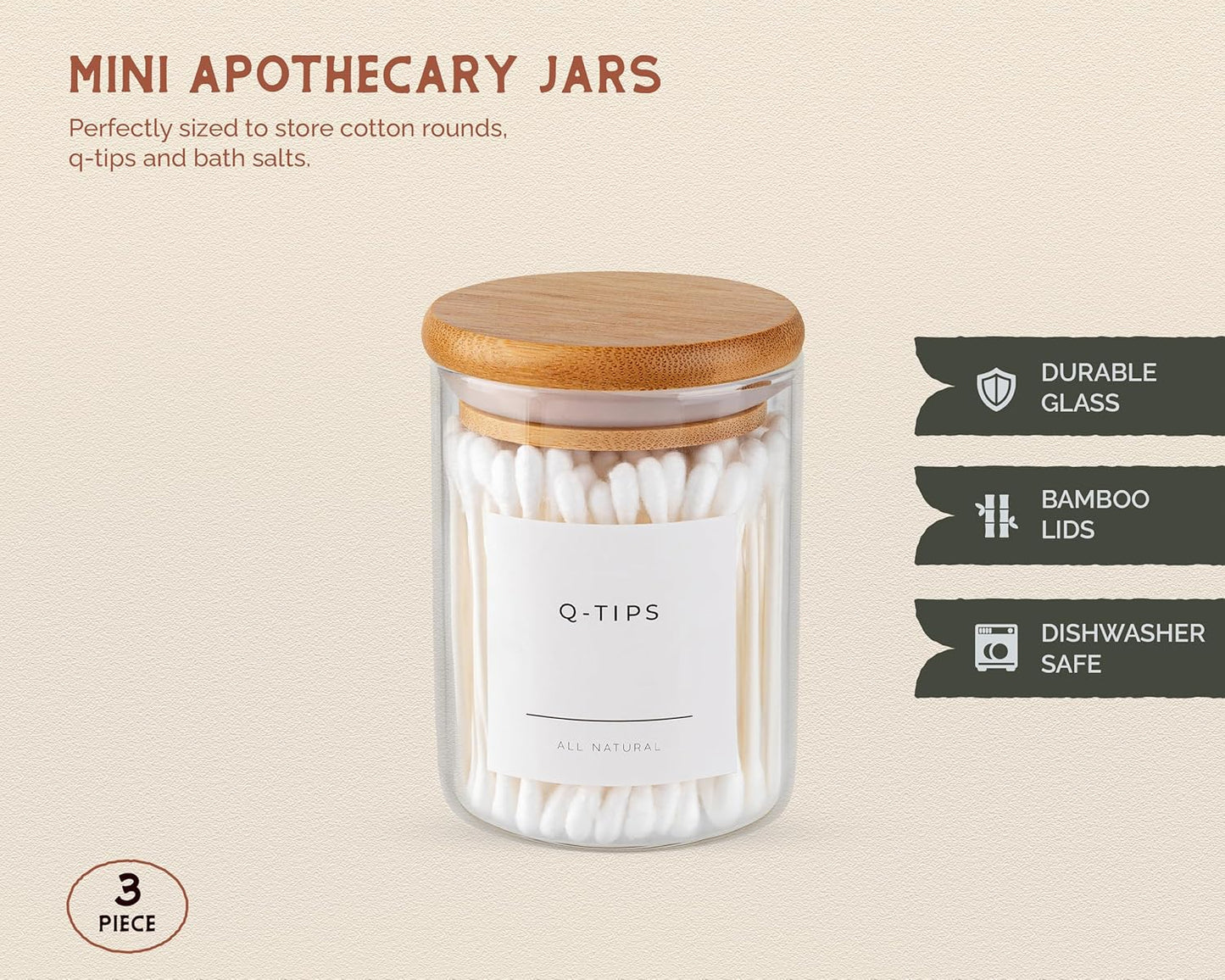 Vase And Vessel Mini Glass Apothecary Jars - Bamboo Lids, 10 oz, Set of 3 for Bathroom & Kitchen Storage