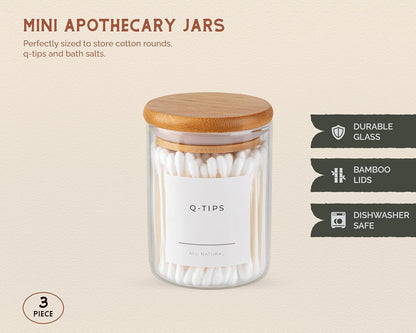 Vase And Vessel Mini Glass Apothecary Jars - Bamboo Lids, 10 oz, Set of 3 for Bathroom & Kitchen Storage