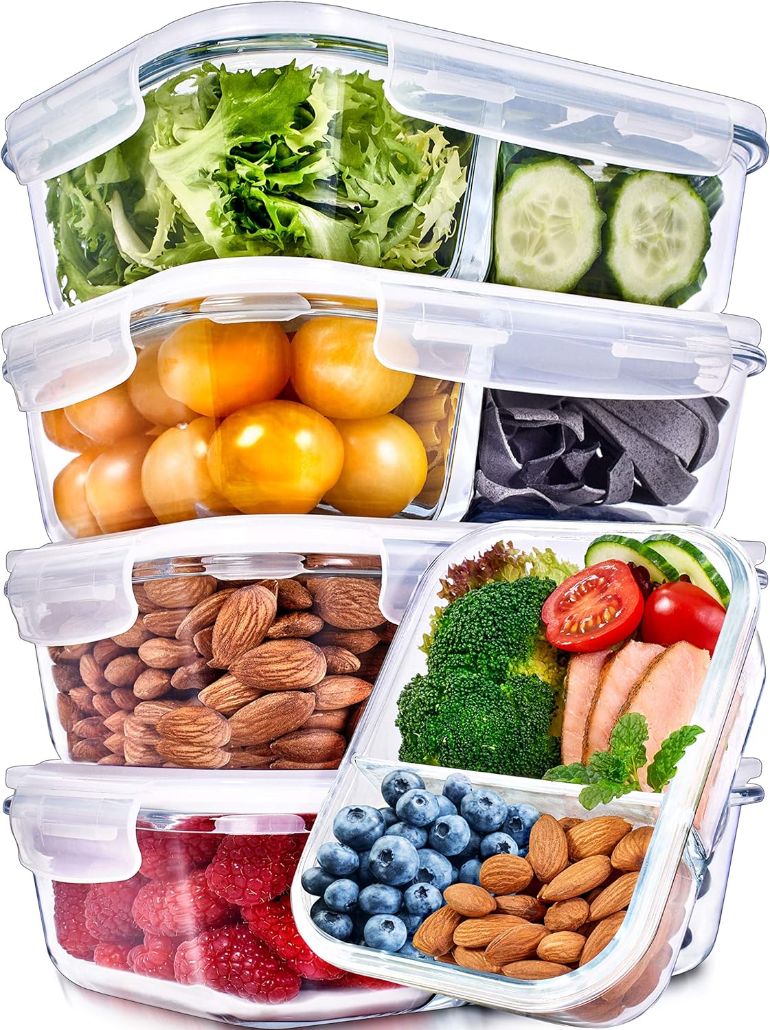 Prep Naturals Glass Meal Prep Containers - Airtight 36oz Food Storage Bowls | Dishwasher & Microwave Safe - Pack of 5, 2-Compartment Clear