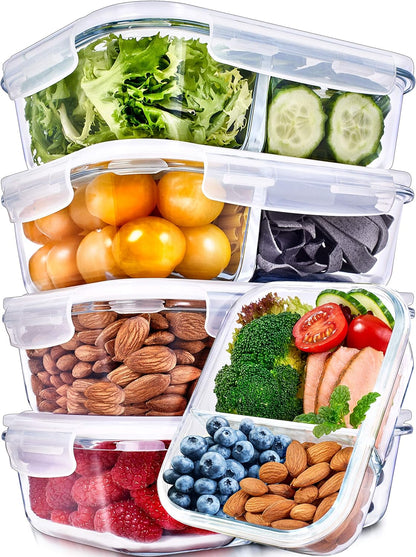 Prep Naturals Glass Meal Prep Containers - Airtight 36oz Food Storage Bowls | Dishwasher & Microwave Safe - Pack of 5, 2-Compartment Clear
