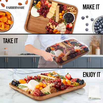 Farberware Build-A-Board Acacia Cutting Board with Built-in Compartments and Clear Locking Lid with White Handles, Perfect for Charcuterie, Snacks, and More - Make it. Take it. Enjoy it, 11x14 Inches