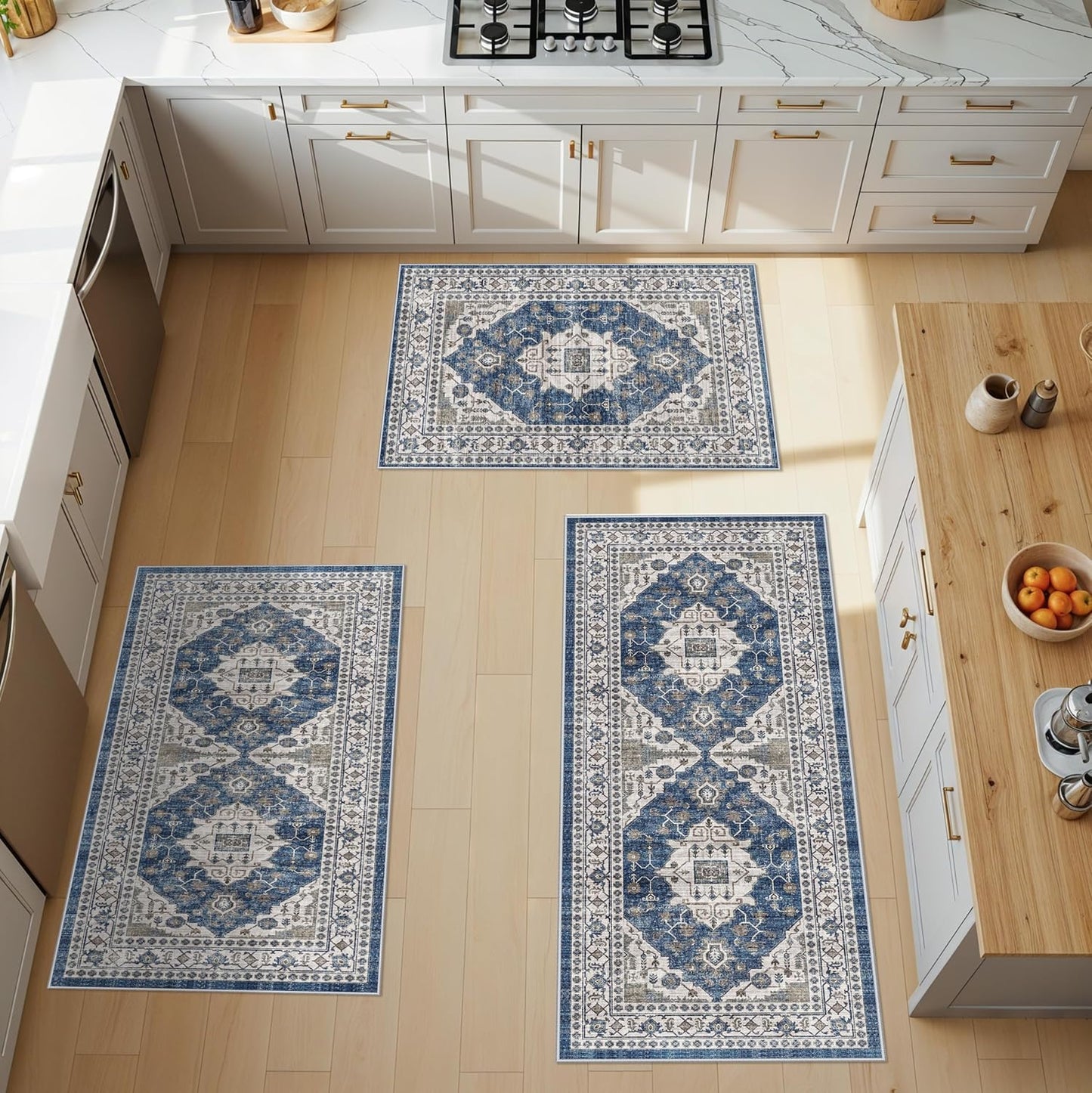 Skiennix Washable Kitchen Floor Mats - Non-Slip Water-Resistant Rugs for Easy Cleaning | 4-Piece Set in Blue