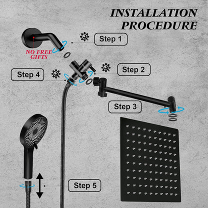 Skiennix 10” Rain Shower Head - High Pressure Handheld Spray Combo with Adjustable Arm | Matte Black Finish