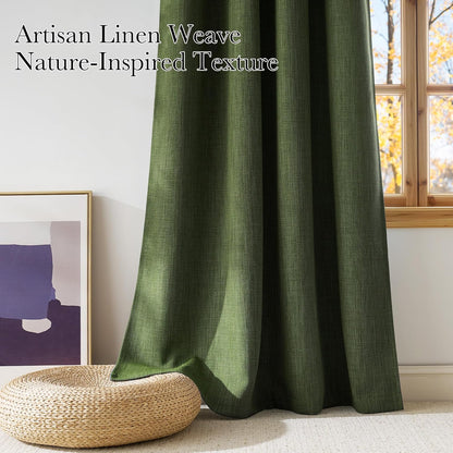 NICETOWN Blackout Curtains - Short Faux Linen in Forest Green | 63-Inch Grommet Top, 2 Panels for Modern Farmhouse Style