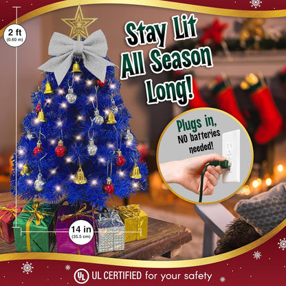 Small Blue Christmas Tree with Lights - 23-Inch Mini Tabletop Tree with Warm-White LEDs & Ornaments