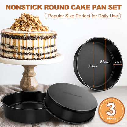 Homikit 8 Inch Cake Pan Set of 3, Stainless Steel Nonstick Round Cake Baking Pan Mold, Large Birthday Wedding Smash Layer Cheesecake Pans for Baking Cake Pizza Pie Tart Quiche, Healthy & Oven Safe