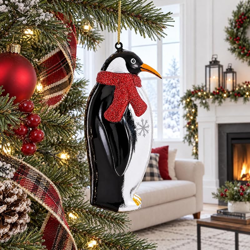 Penguin with Scarf Glass Christmas Ornament