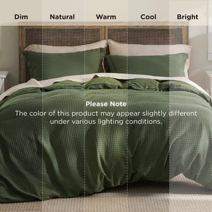 Bedsure Luxury Waffle Duvet Cover Queen Size - Textured Duvet Cover Set, Soft, Breathable Bedding Set (90"x90") with 2 Pillow Shams for All Season, Olive Green, Comforter Not Included