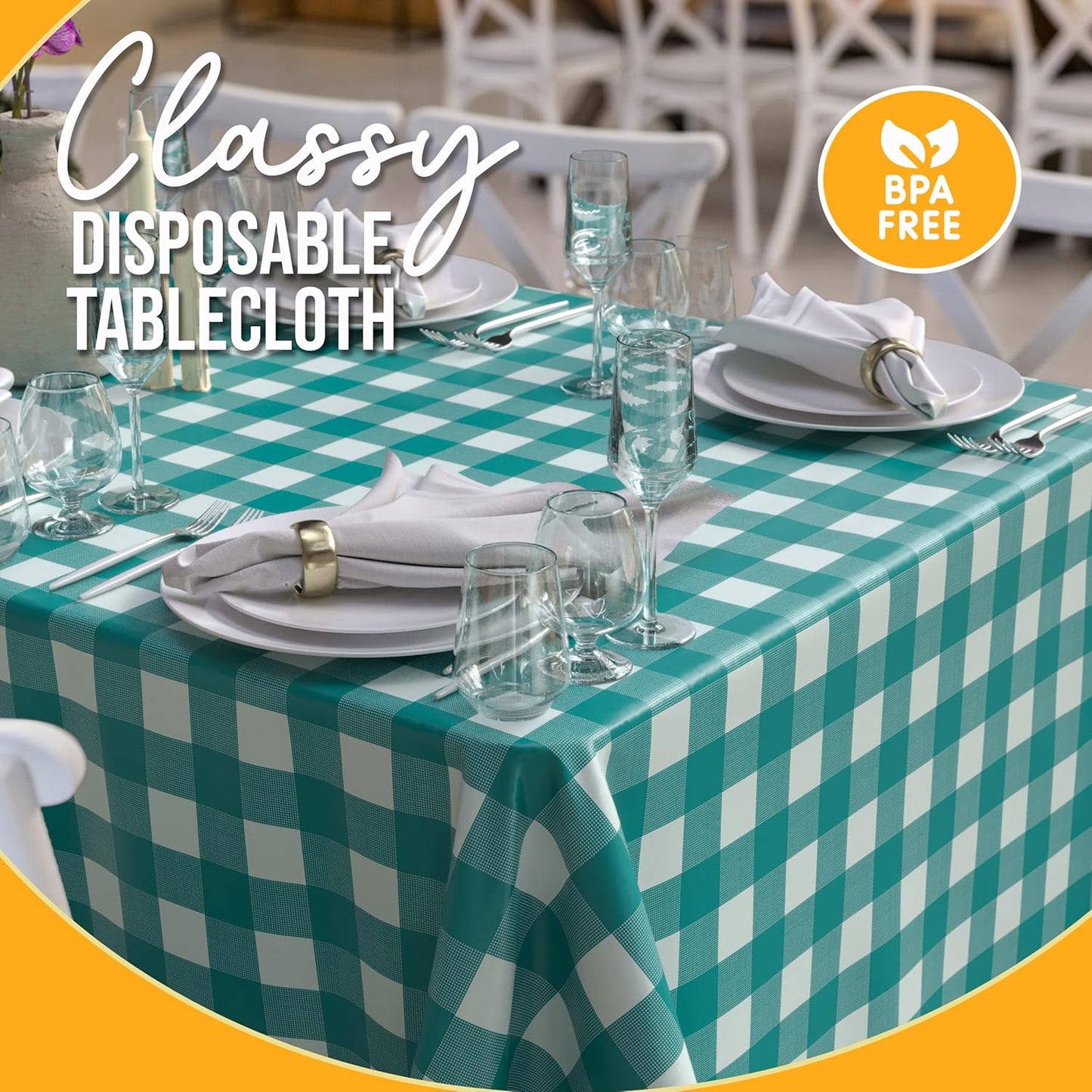 Skiennix Picnic Table Cover - Premium Teal & White Checkered Plastic Tablecloth - 54" x 108" Rectangle