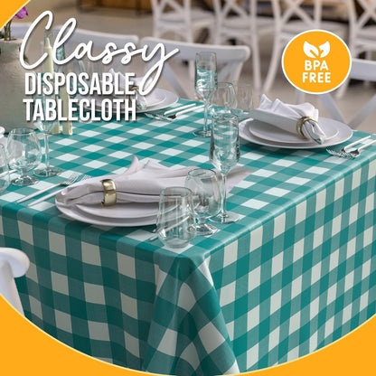 Skiennix Picnic Table Cover - Premium Teal & White Checkered Plastic Tablecloth - 54" x 108" Rectangle