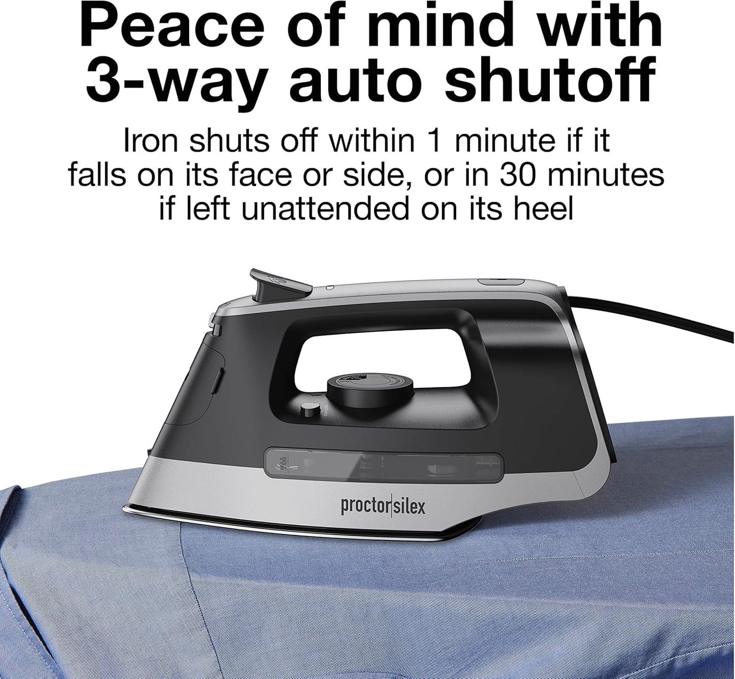 Proctor Silex Steam Iron - 1500 Watts with Stainless Steel Soleplate & 8’ Retractable Cord | Gray & Black
