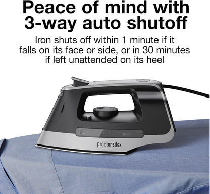 Proctor Silex Steam Iron - 1500 Watts with Stainless Steel Soleplate & 8’ Retractable Cord | Gray & Black