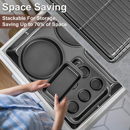 Skiennix 12PCS Nonstick Baking Pans Set - Stackable Bakeware with Wider Grip | Includes Cookie Sheets, Muffin Pan, Loaf Pan, Cake Pan, Roasting Pan, Oven Mitts
