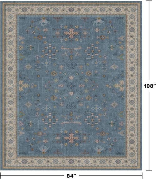Boho 7x9 Living Room Rug - Modern Dark Blue Lightweight Washable Carpet for Dining & Bedroom Décor