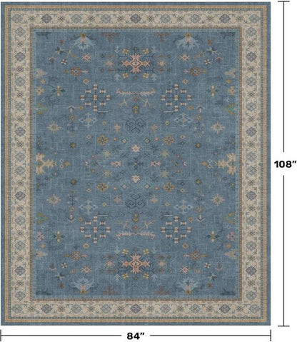Boho 7x9 Living Room Rug - Modern Dark Blue Lightweight Washable Carpet for Dining & Bedroom Décor