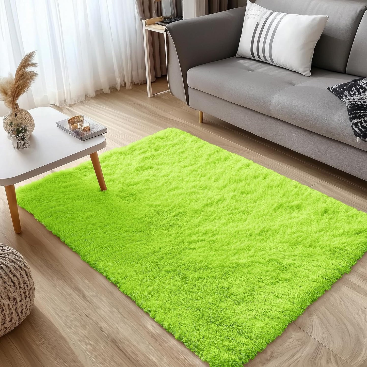 OLANLY 3x5 Soft Fluffy Shaggy Bedside Rug - Machine Washable Indoor Carpet for Kids & Nursery | Lime Green