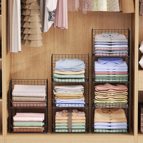 Jakyitvi 4-Tier Stackable Closet Organizer - Foldable Storage Bins for Clothes & Accessories - Sturdy Black Iron Mesh Shelves