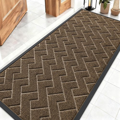 OLANLY Front Door Mat Indoor Outdoor Entrance, Waterproof All-Season, All-Weather Doormat, Sturdy Natural Rubber, Low Profile, Easy Clean Patio Porch Entryway Mat, Herringbone Brick (Brown, 59x23)