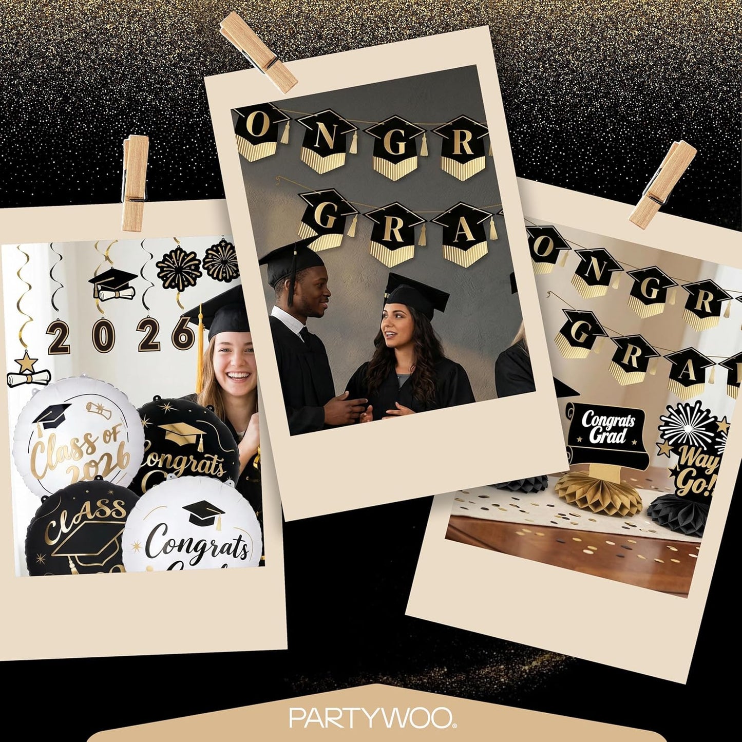 PartyWoo Graduation Decorations - Class of 2026 Black & Gold 19-Piece Set with Banner & Balloons