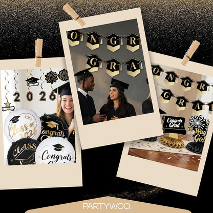 PartyWoo Graduation Decorations - Class of 2026 Black & Gold 19-Piece Set with Banner & Balloons